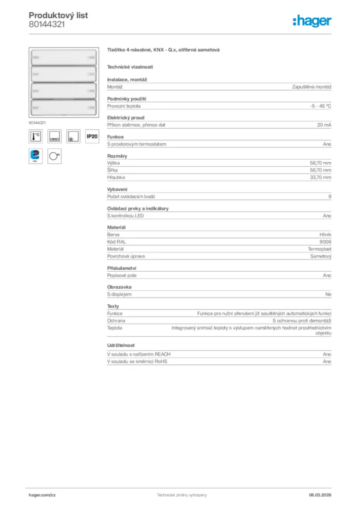 Obrázek Hager Product data sheet 80144321 | Hager