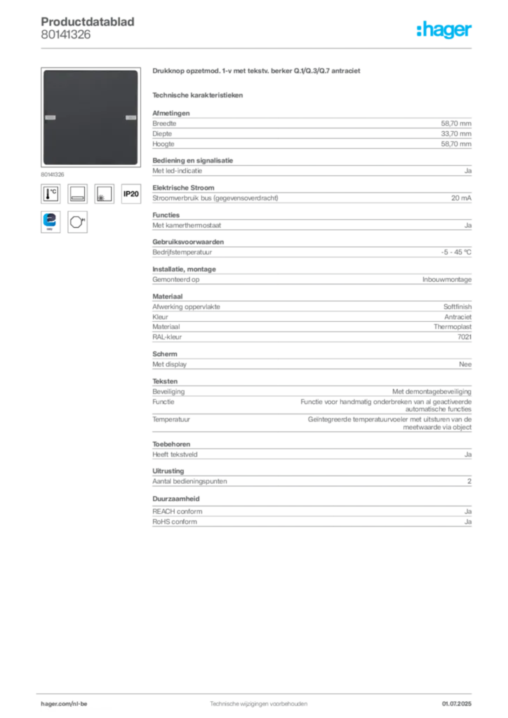 Afbeelding Hager Productdatablad 80141326 | Hager Belgium