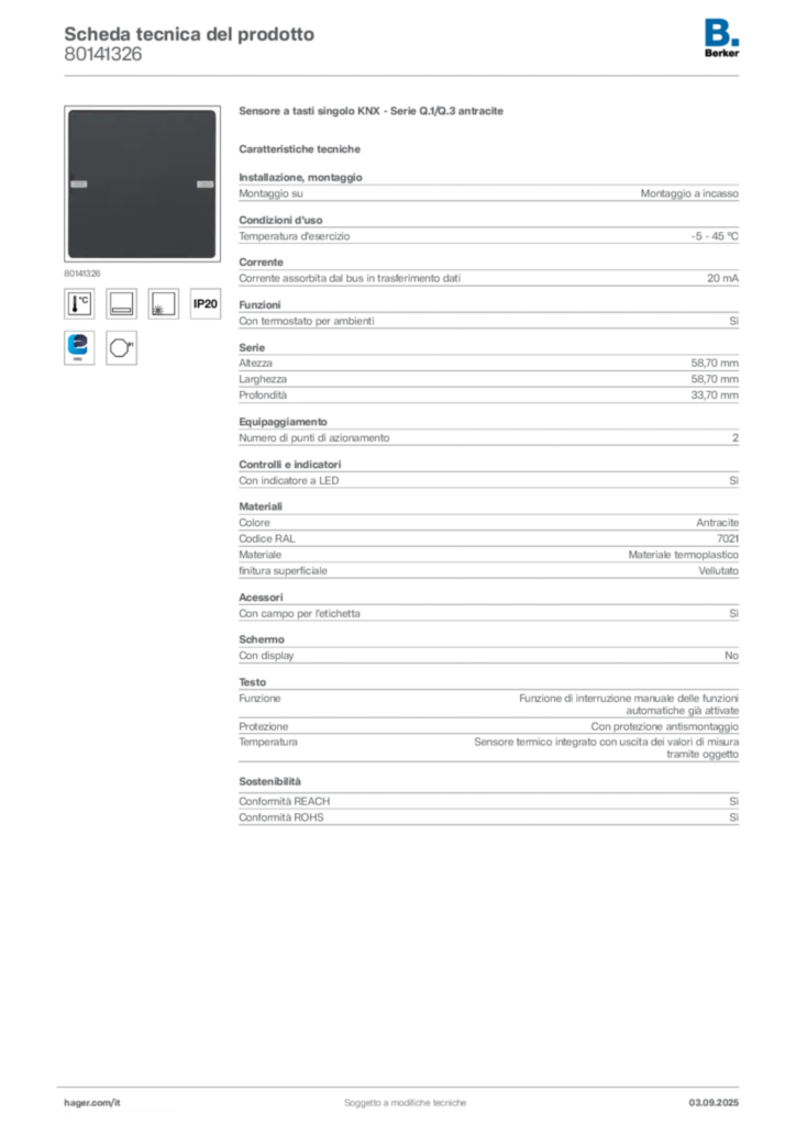 Immagine Berker Scheda tecnica del prodotto 80141326 | Hager Italia