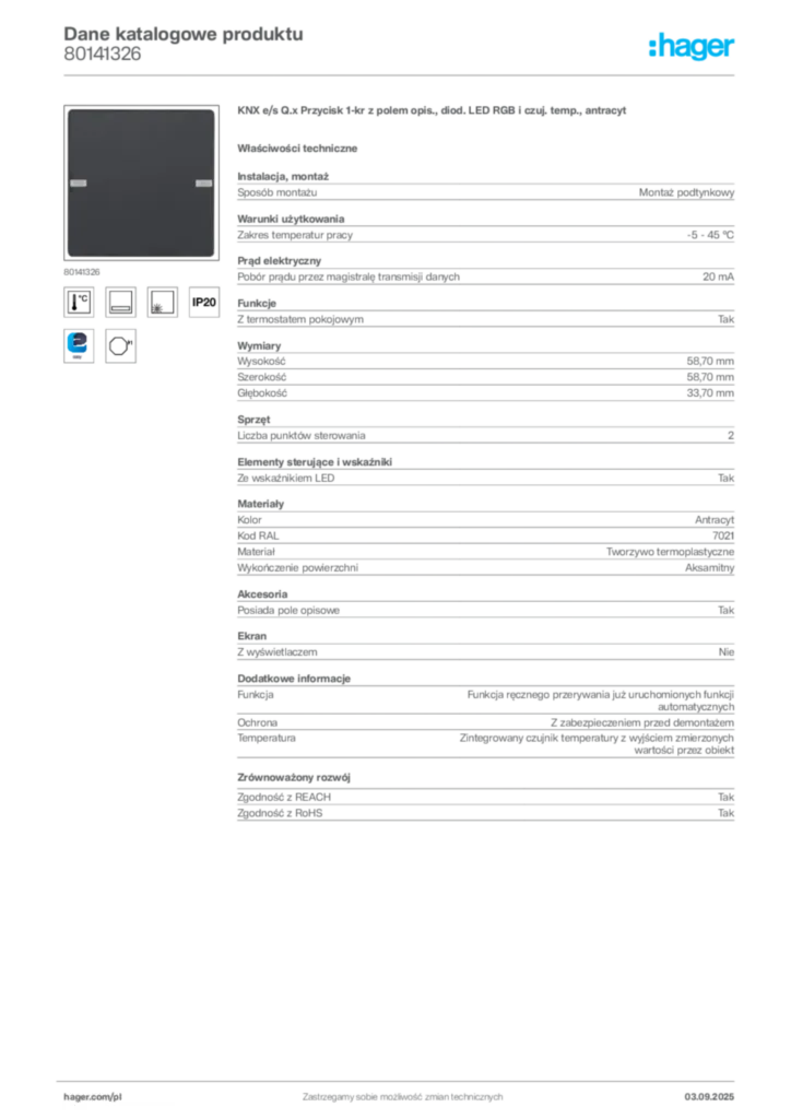 Zdjęcie Hager Dane katalogowe produktu 80141326 | Hager Polska