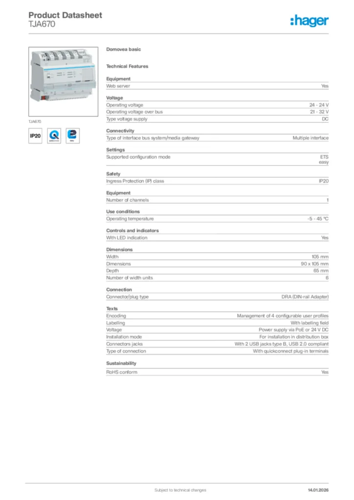 Image Hager Product data sheet TJA670  | Hager Africa