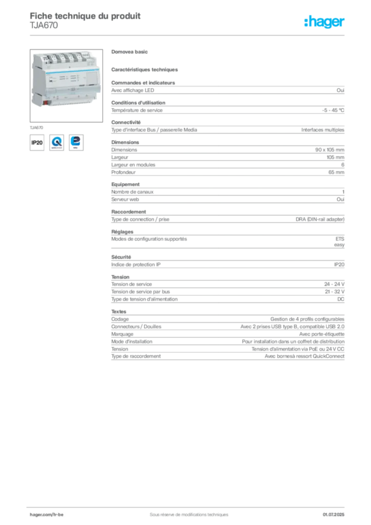 Image Hager Fiche technique du produit TJA670 | Hager Belgique
