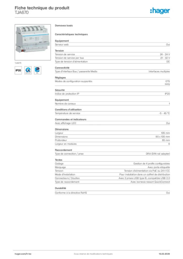 Image Hager Fiche technique du produit TJA670 | Hager Belgique