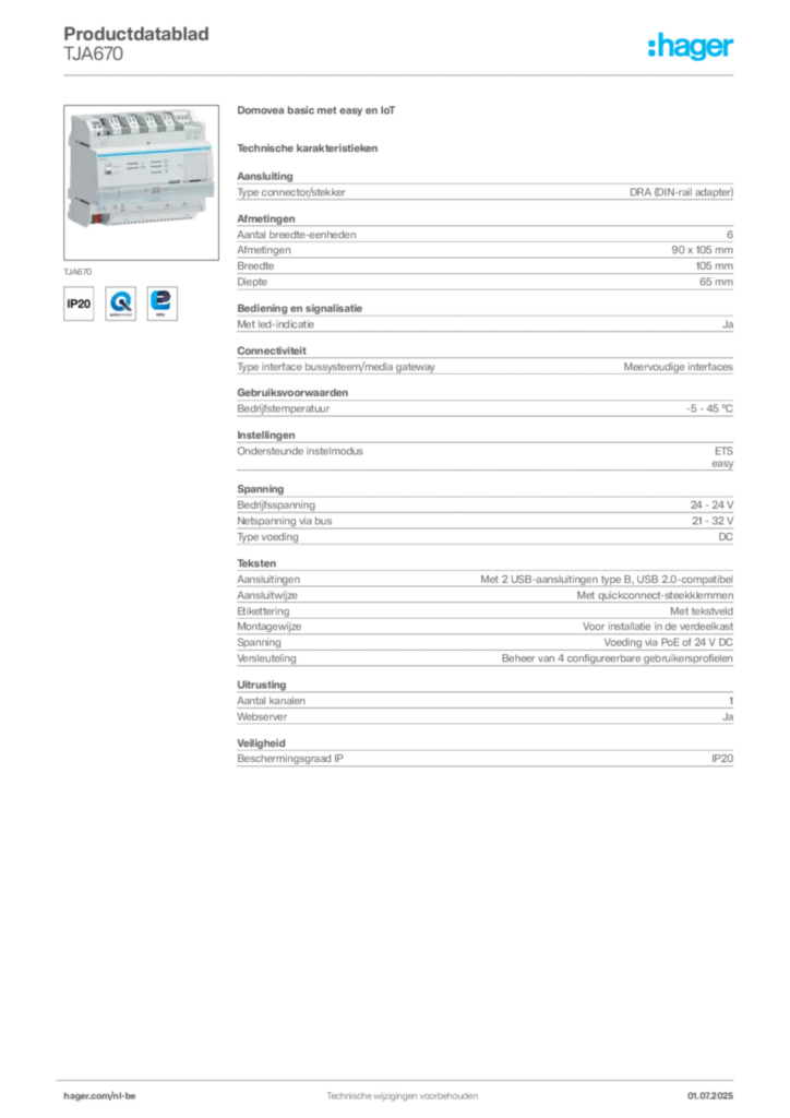 Afbeelding Hager Productdatablad TJA670 | Hager Belgium