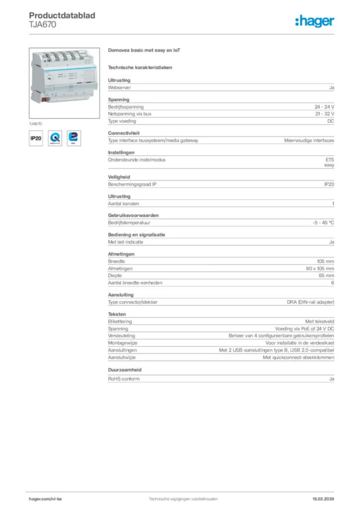 Afbeelding Hager Productdatablad TJA670 | Hager Belgium