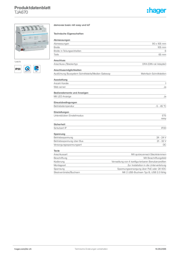 Bild Hager Produktdatenblatt TJA670 | Hager Schweiz