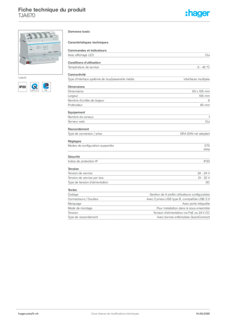 Image Hager Fiche technique du produit TJA670 | Hager Suisse