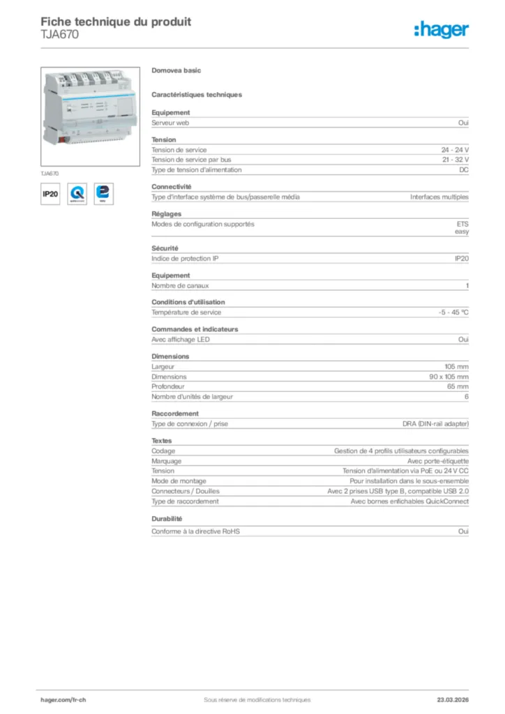 Image Hager Fiche technique du produit TJA670 | Hager Suisse