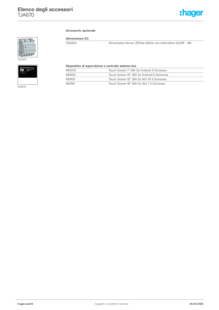 Immagine Hager Scheda tecnica del prodotto TJA670 | Hager Italia