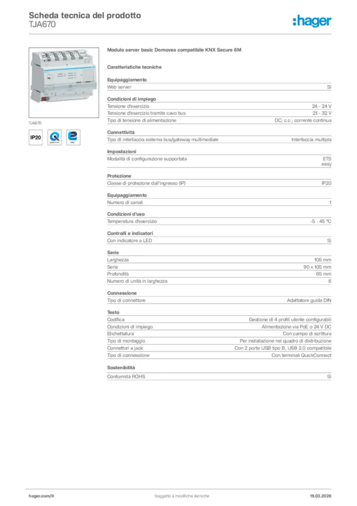 Immagine Hager Scheda tecnica del prodotto TJA670 | Hager Italia