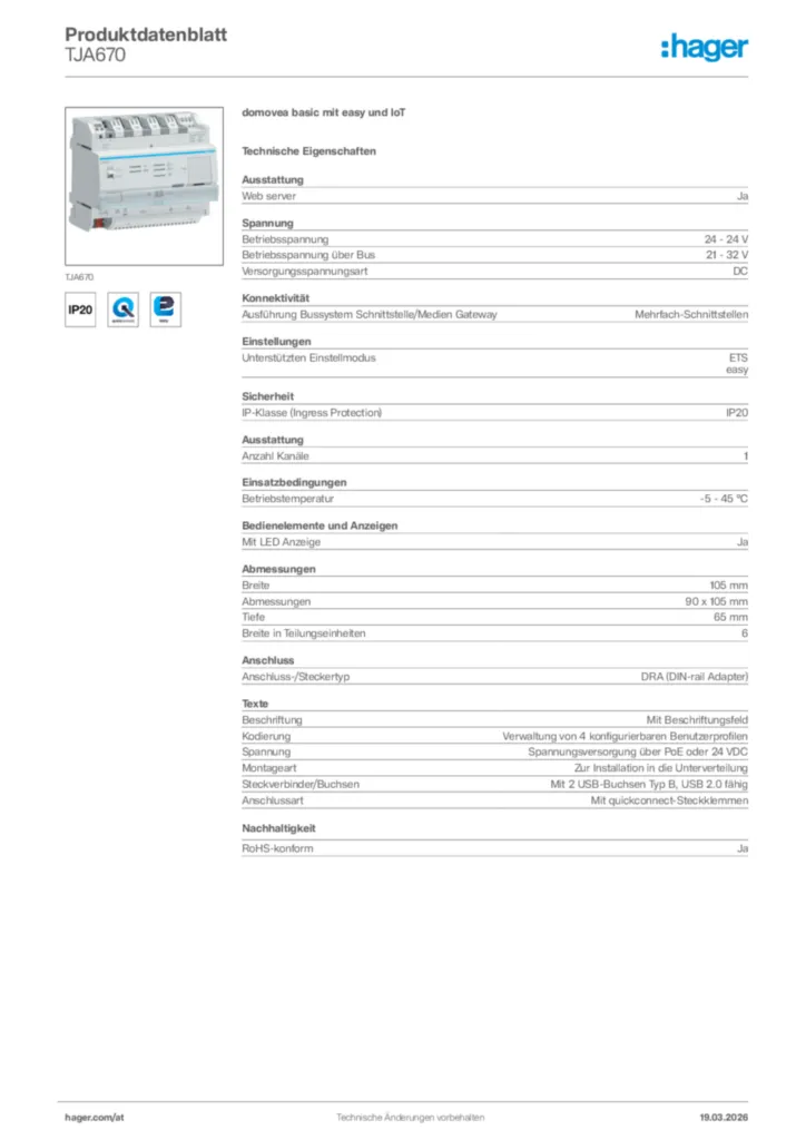 Bild Hager Produktdatenblatt TJA670 | Hager Deutschland