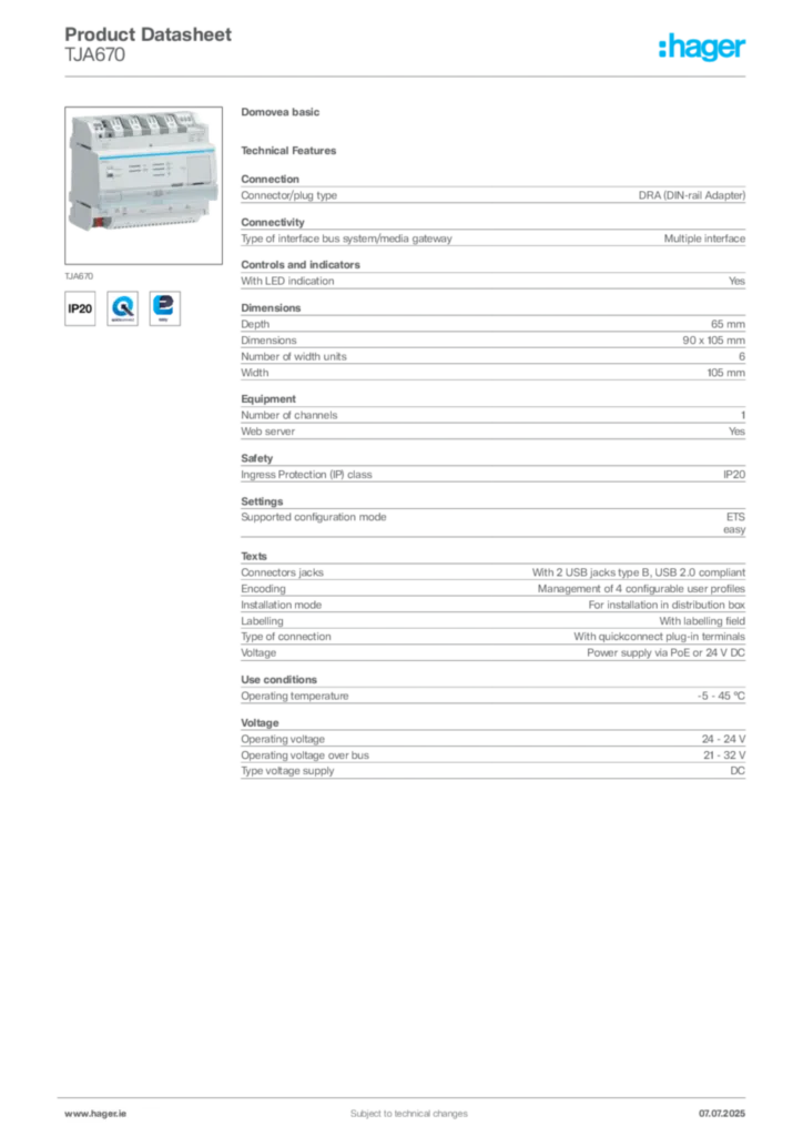 Image Hager Product data sheet TJA670  | Hager