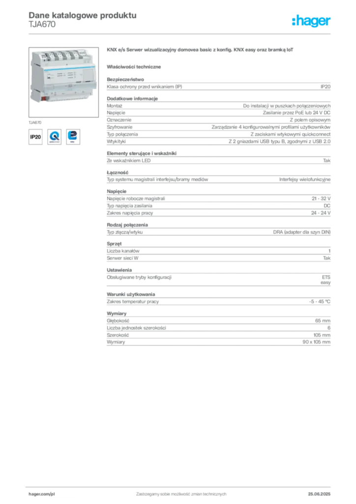Zdjęcie Hager Dane katalogowe produktu TJA670 | Hager Polska