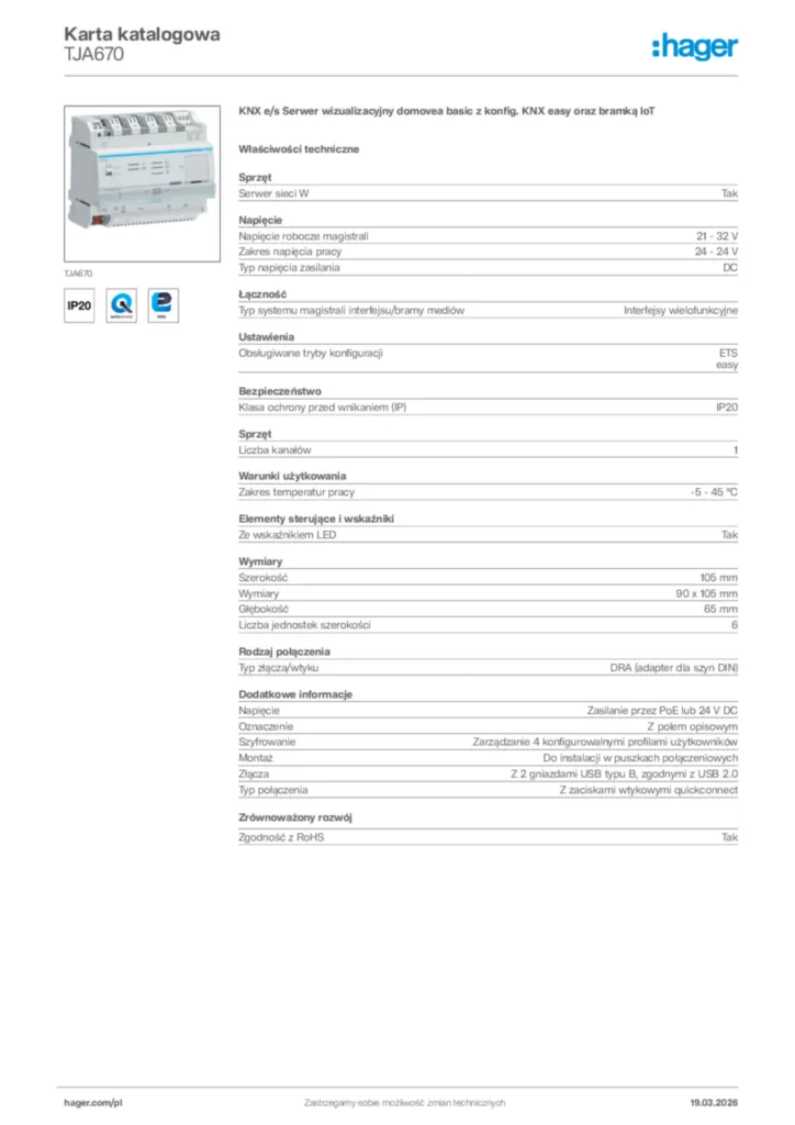 Zdjęcie Hager Karta katalogowa TJA670 | Hager Polska