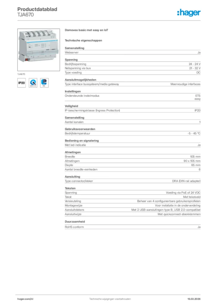Afbeelding Hager Productdatablad TJA670 | Hager Nederland
