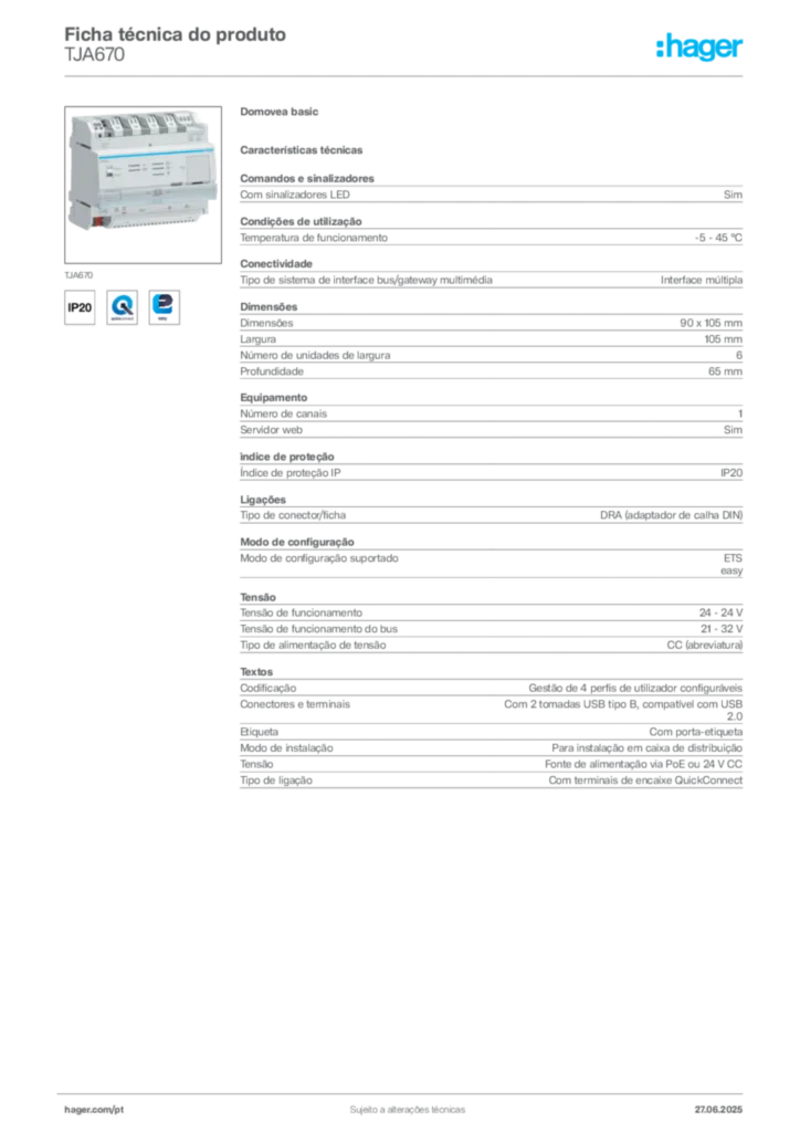 Imagem Hager Ficha técnica do produto TJA670 | Hager Portugal