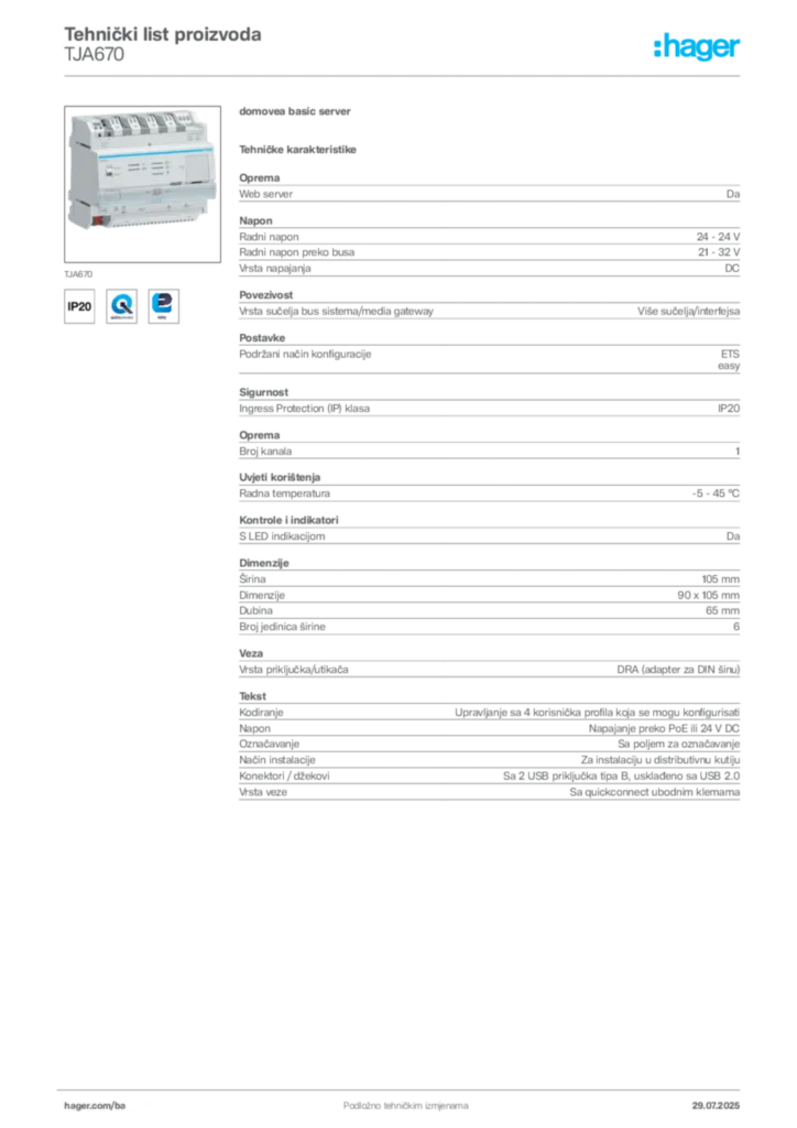 Slika Hager Product data sheet TJA670  | Hager