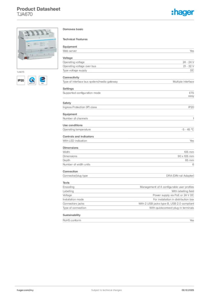 Image Hager Product data sheet TJA670  | Hager