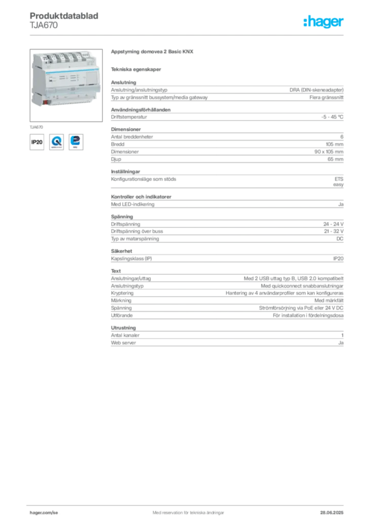 Bild Hager Produktdatablad TJA670 | Hager Sverige