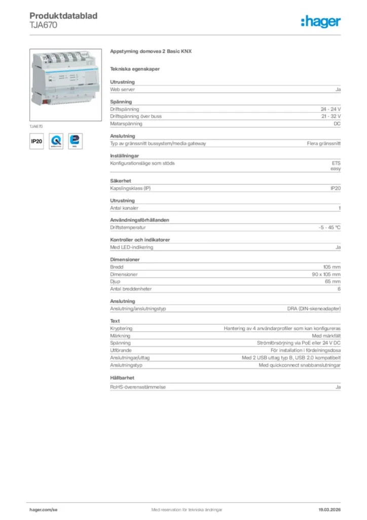 Bild Hager Produktdatablad TJA670 | Hager Sverige