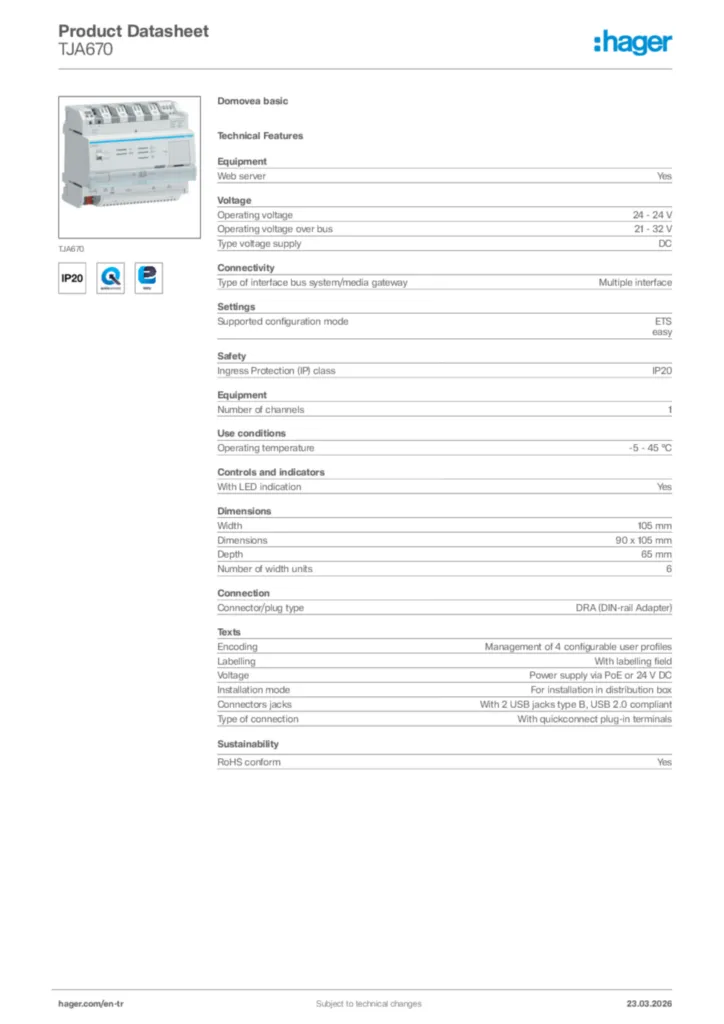 Image Hager Product data sheet TJA670  | Hager