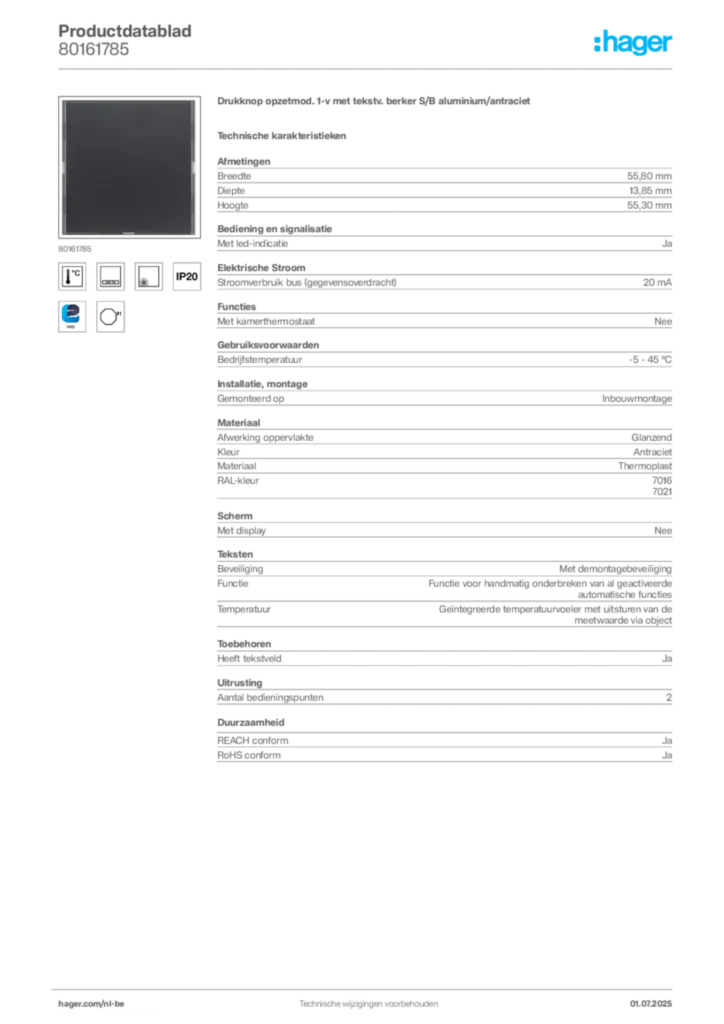 Afbeelding Hager Productdatablad 80161785 | Hager Belgium