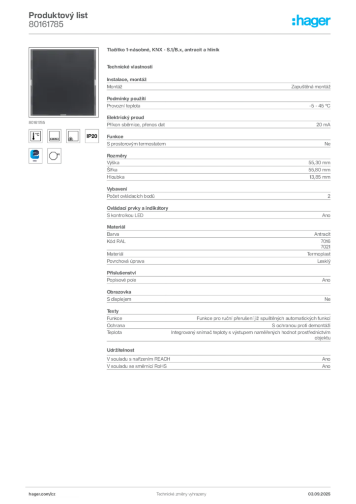 Obrázek Hager Produktový list 80161785 | Hager