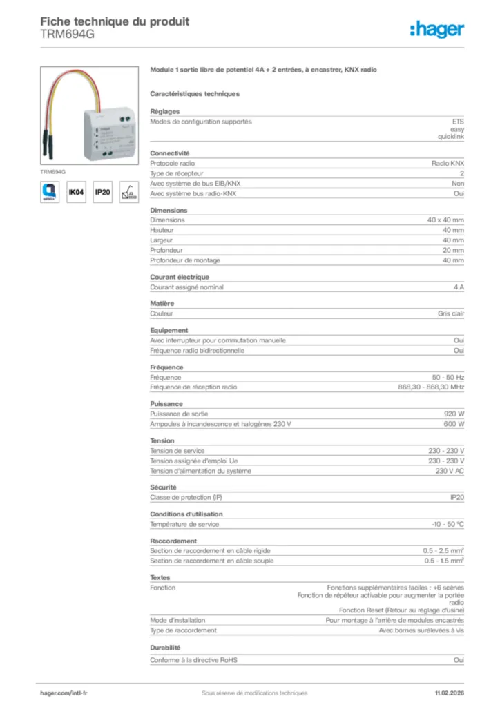 Image Hager Fiche technique du produit TRM694G | Hager Afrique