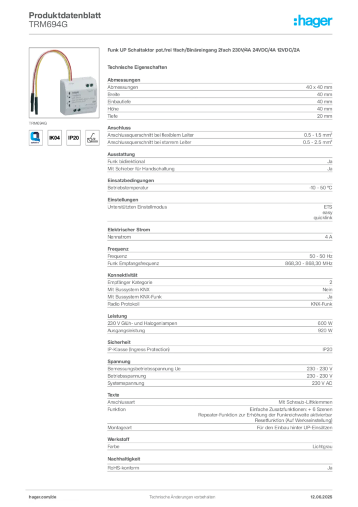 Hager Produktdatenblatt TRM694G