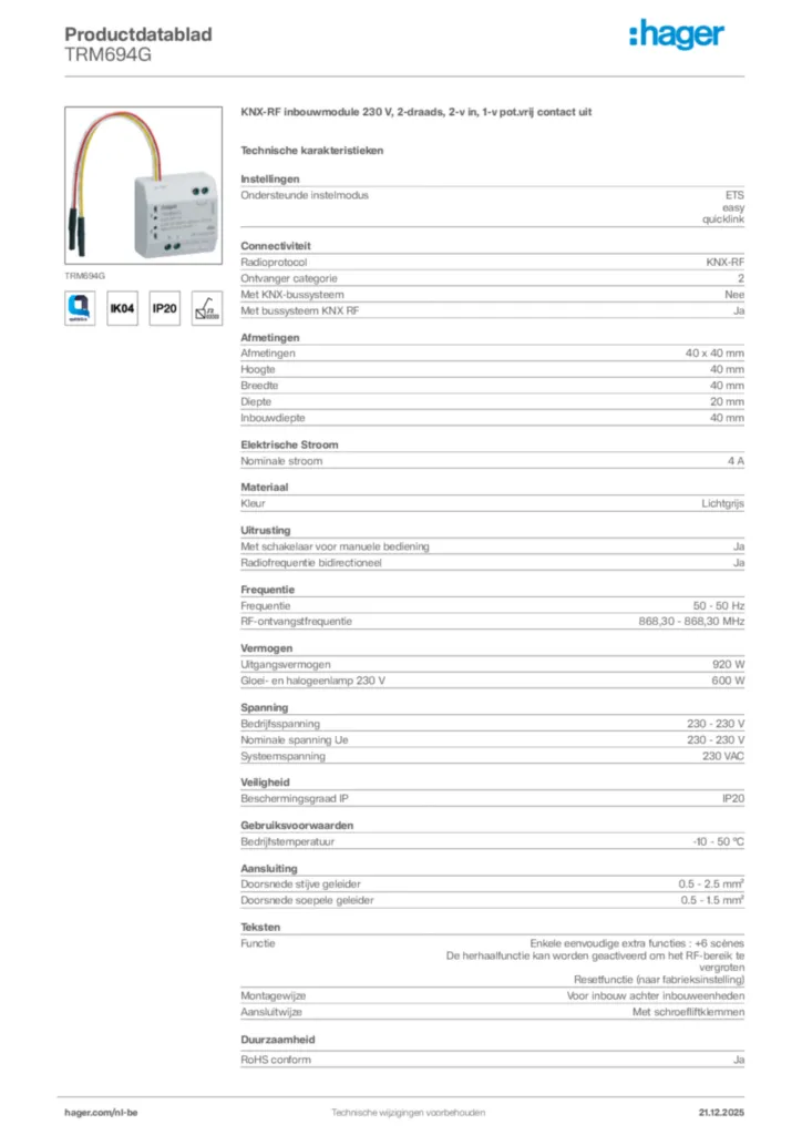 Afbeelding Hager Productdatablad TRM694G | Hager Belgium