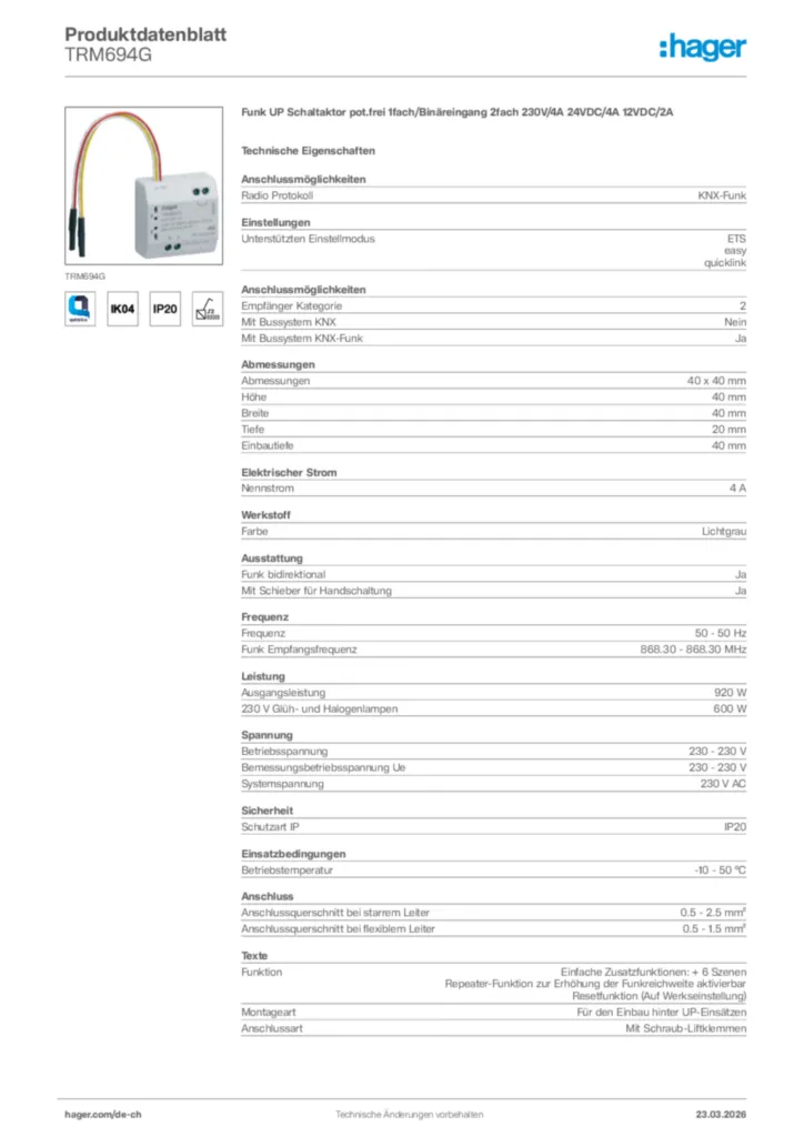Bild Hager Produktdatenblatt TRM694G | Hager Schweiz