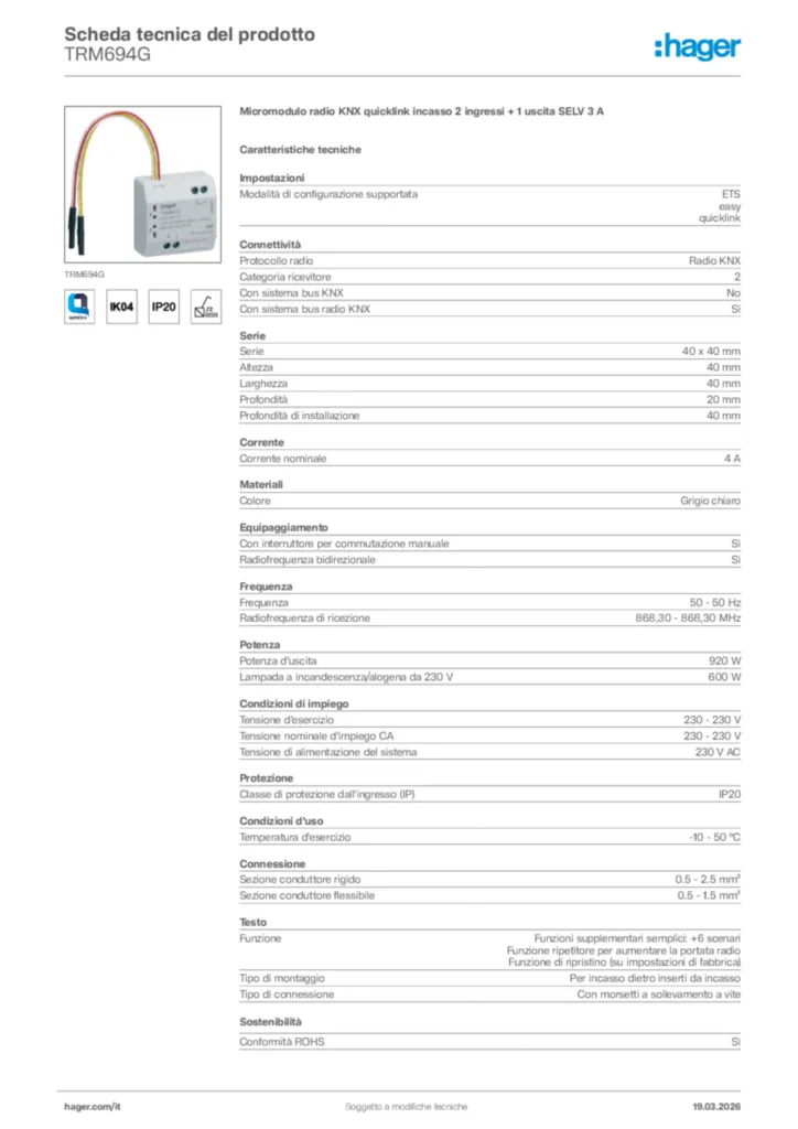 Immagine Hager Scheda tecnica del prodotto TRM694G | Hager Italia