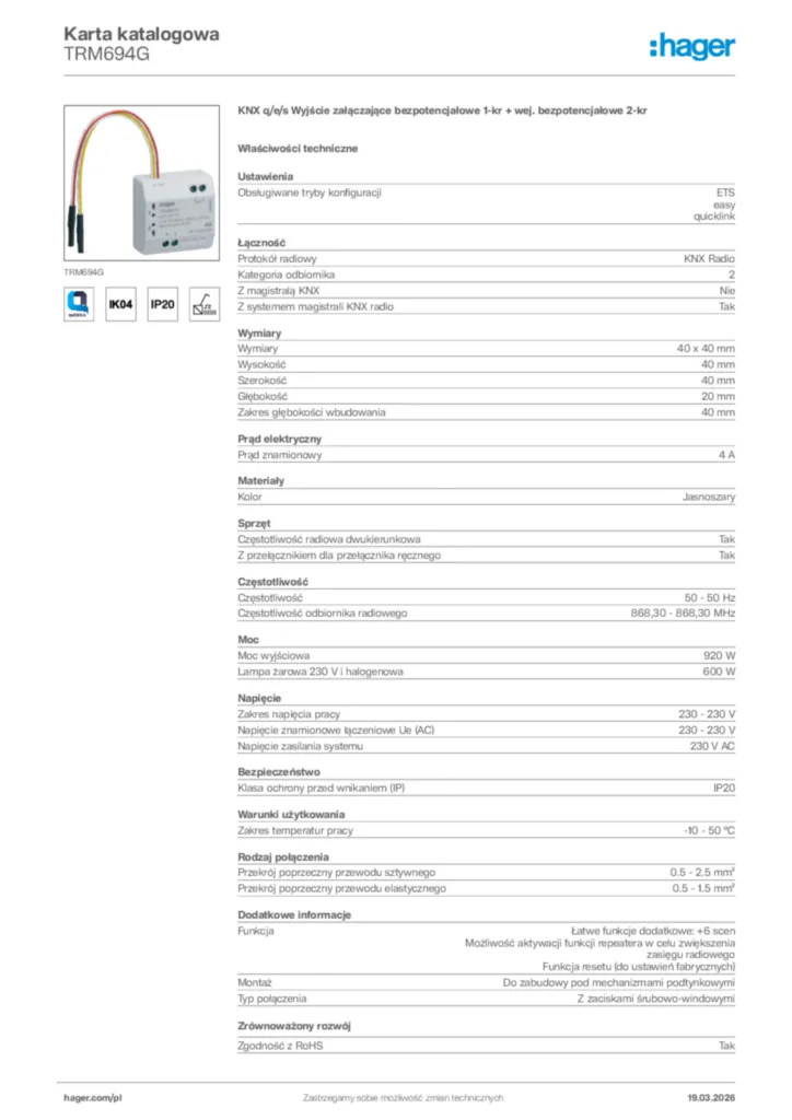 Zdjęcie Hager Karta katalogowa TRM694G | Hager Polska