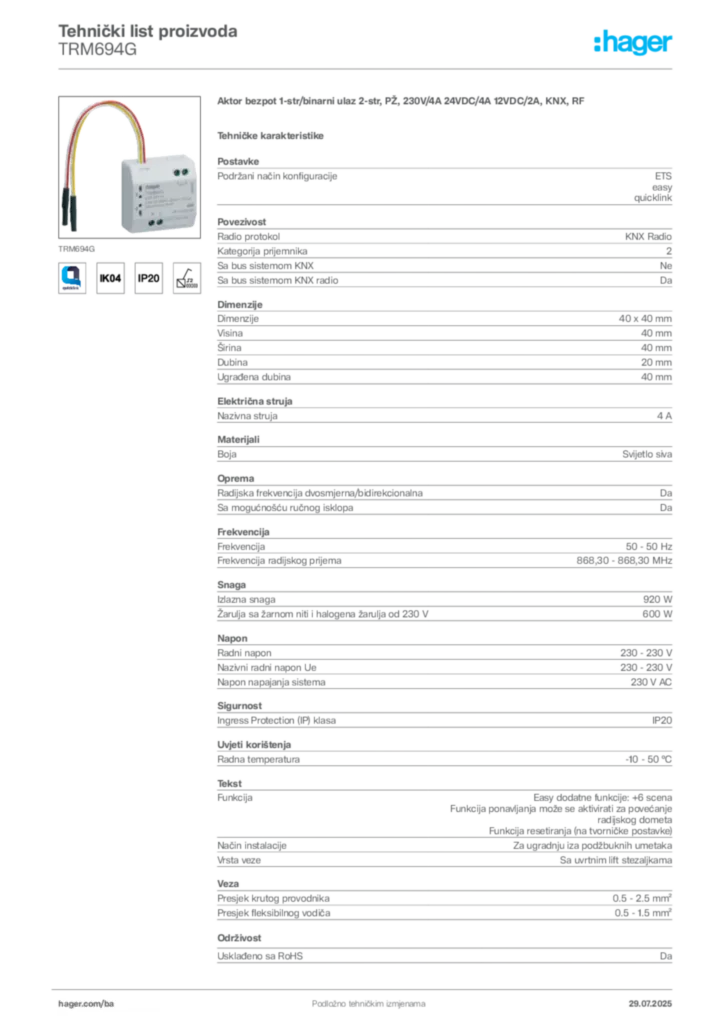 Slika Hager Product data sheet TRM694G  | Hager