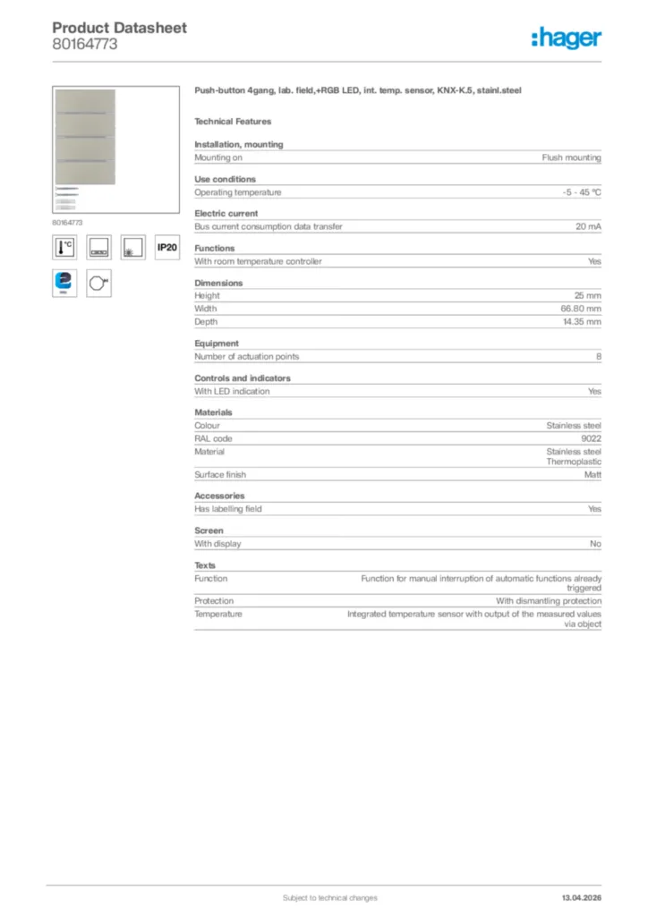 Image Hager Product data sheet 80164773  | Hager Africa