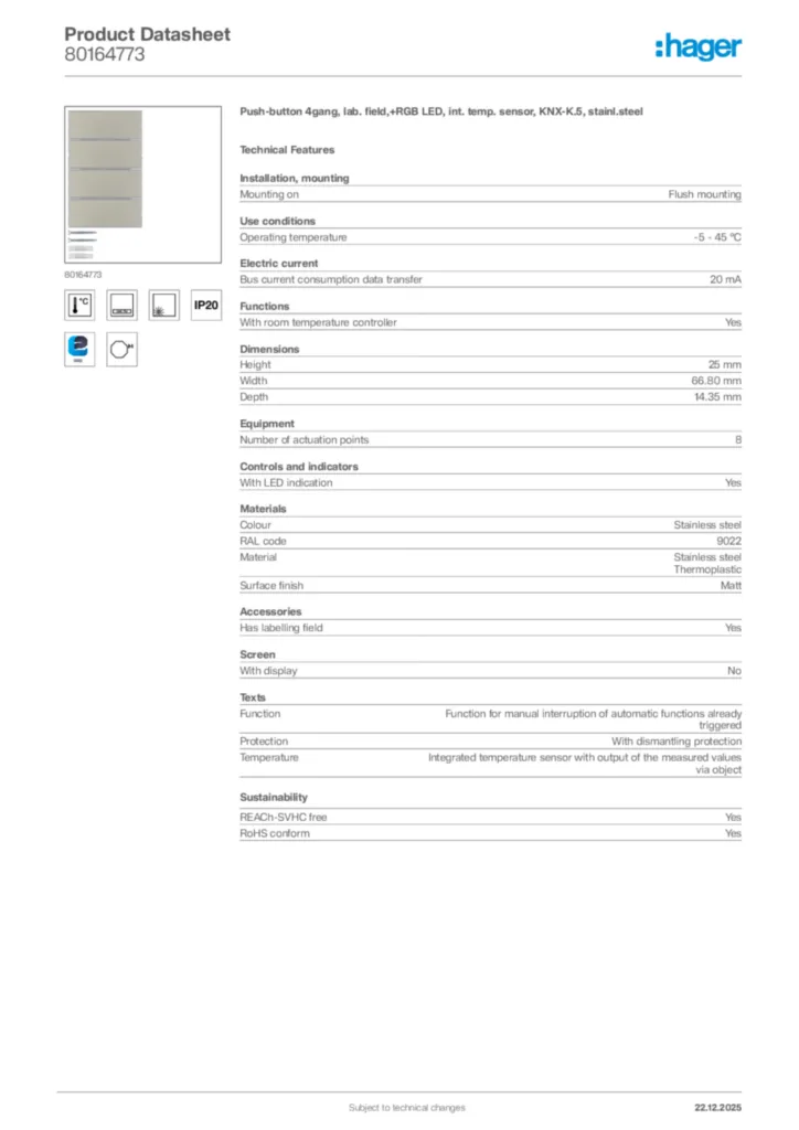 Image Hager Product data sheet 80164773  | Hager Africa