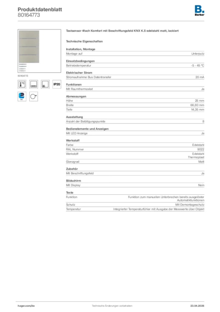 Bild Berker Produktdatenblatt 80164773 | Hager Deutschland