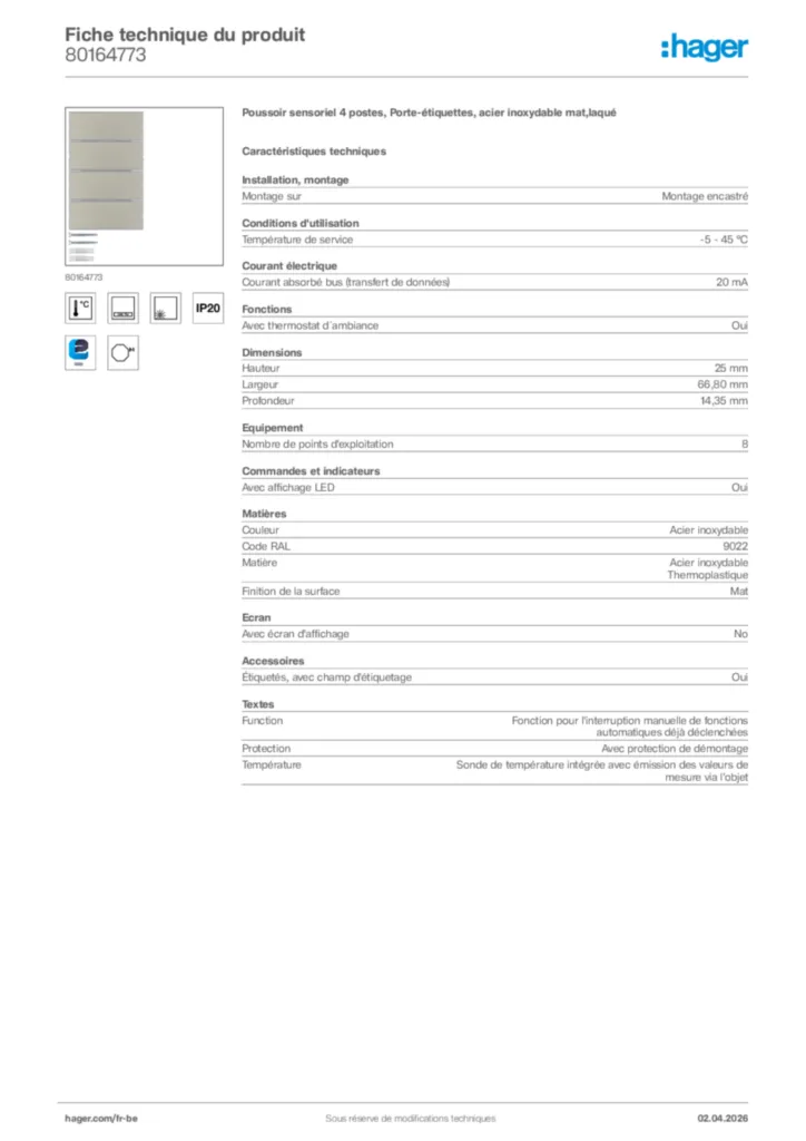 Image Hager Fiche technique du produit 80164773 | Hager Belgique