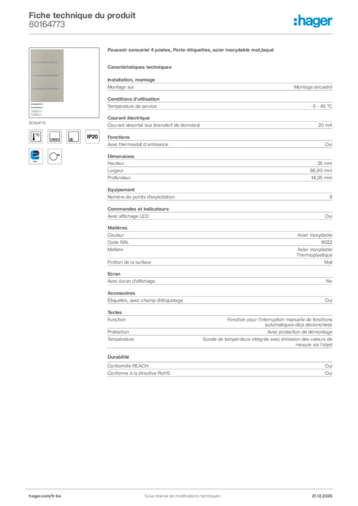 Image Hager Fiche technique du produit 80164773 | Hager Belgique