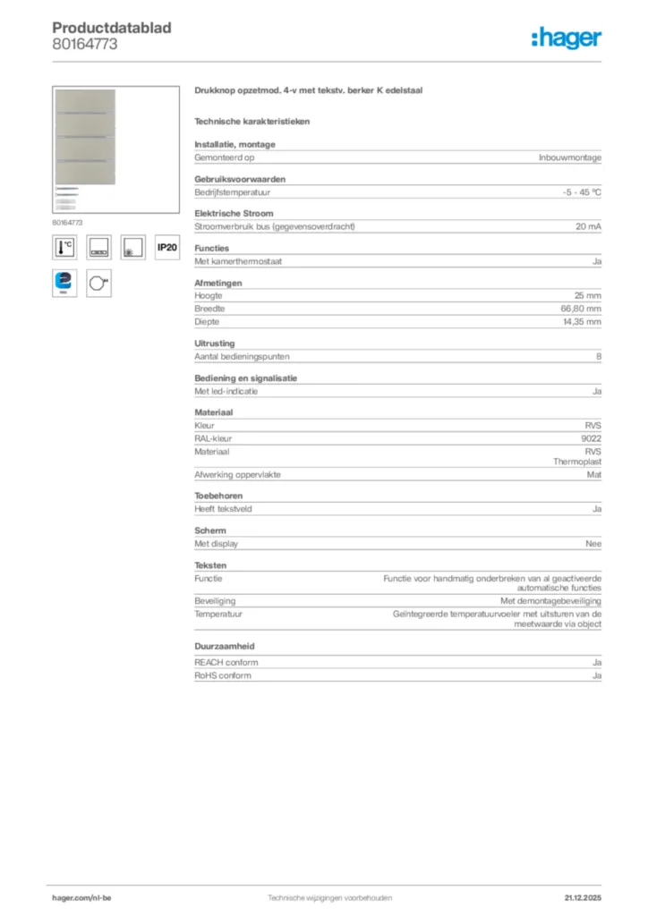 Afbeelding Hager Productdatablad 80164773 | Hager Belgium