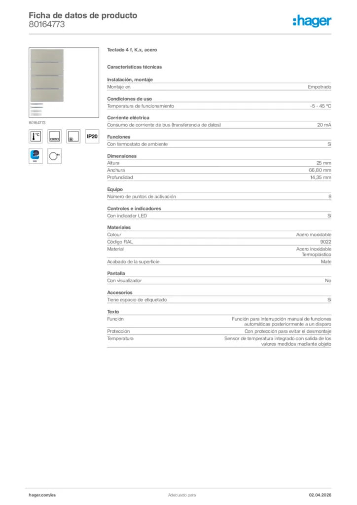 Imagen Hager Ficha de datos de producto 80164773 | Hager España