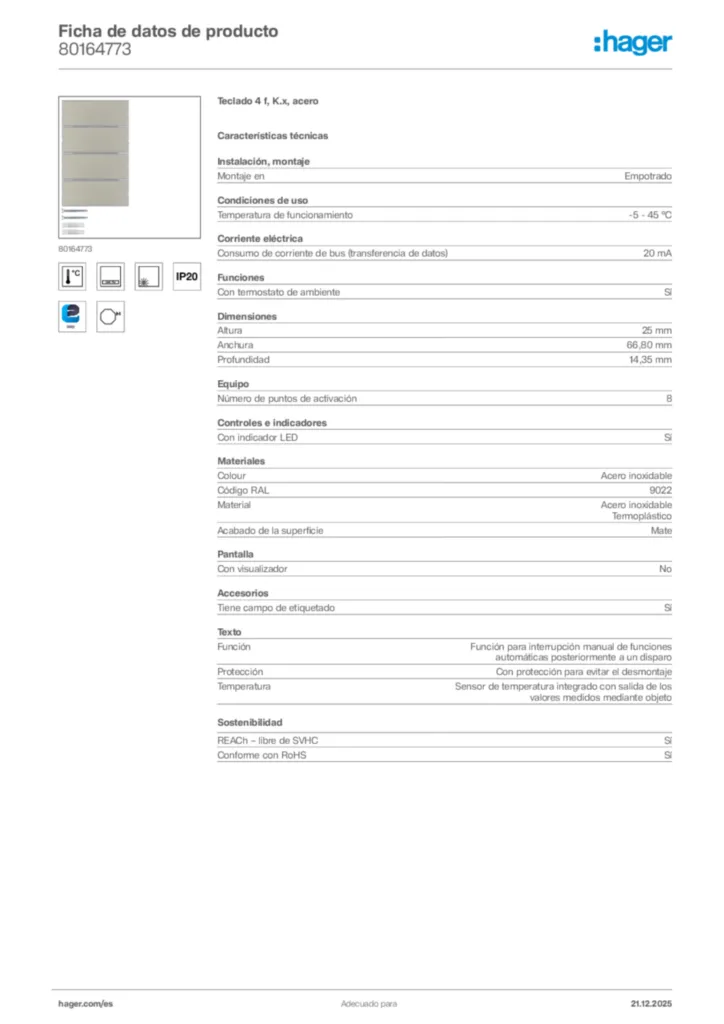 Imagen Hager Ficha de datos de producto 80164773 | Hager España