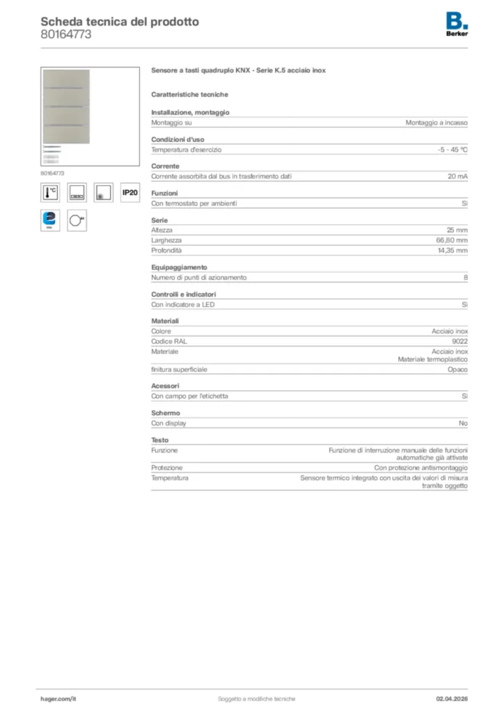 Immagine Berker Scheda tecnica del prodotto 80164773 | Hager Italia