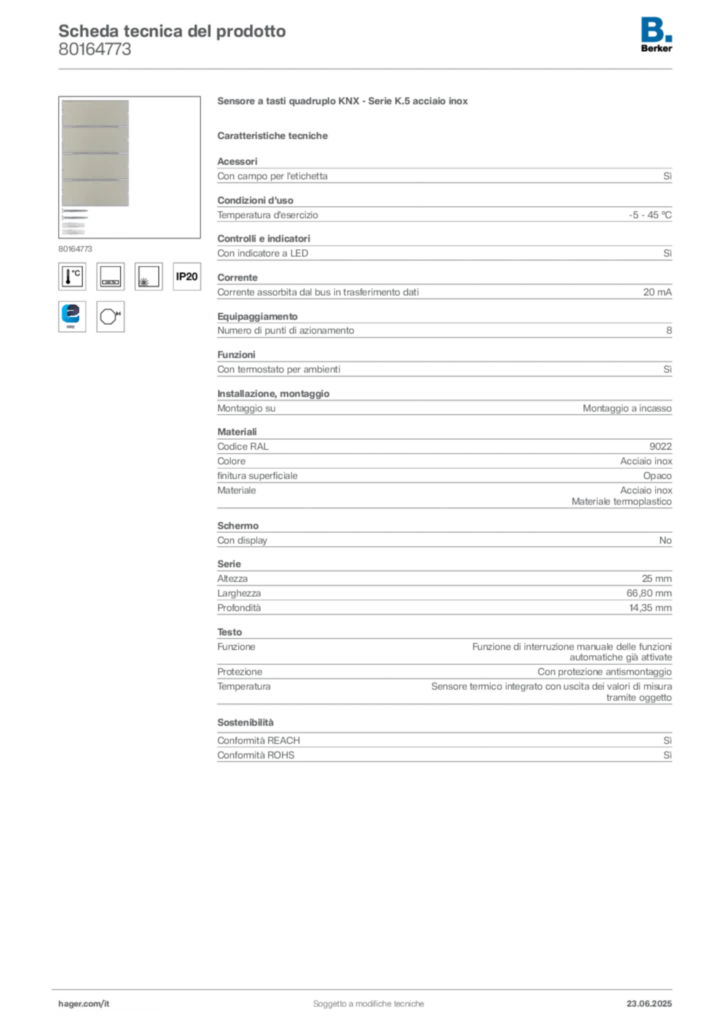 Immagine Berker Scheda tecnica del prodotto 80164773 | Hager Italia