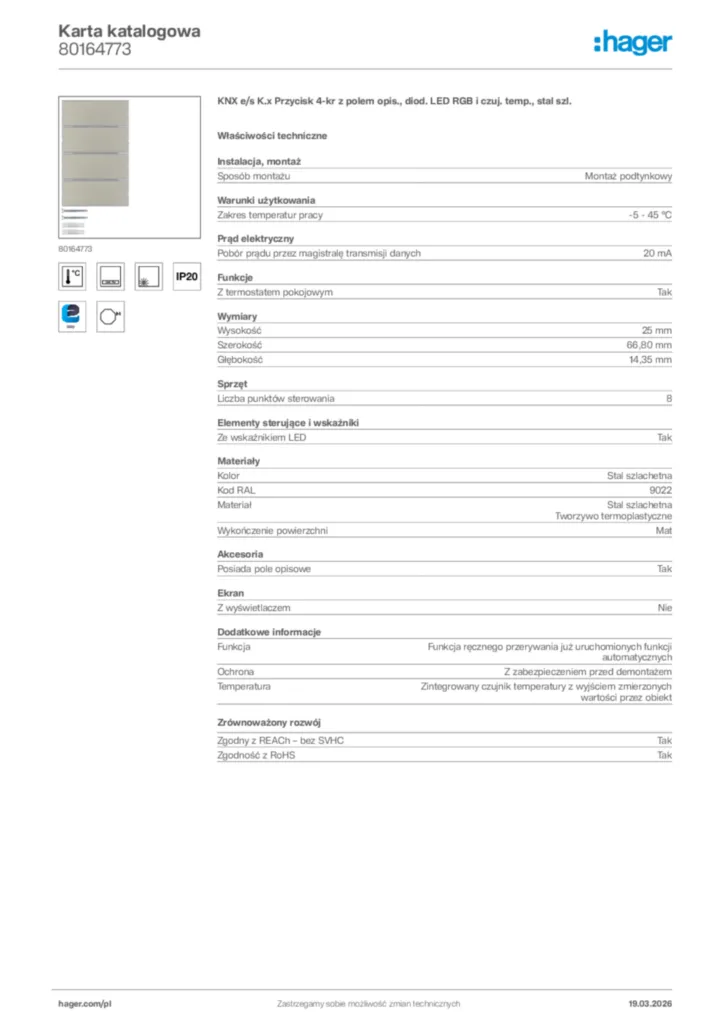 Zdjęcie Hager Karta katalogowa 80164773 | Hager Polska