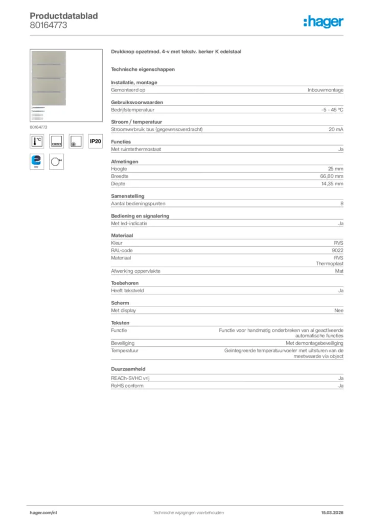 Afbeelding Hager Productdatablad 80164773 | Hager Nederland