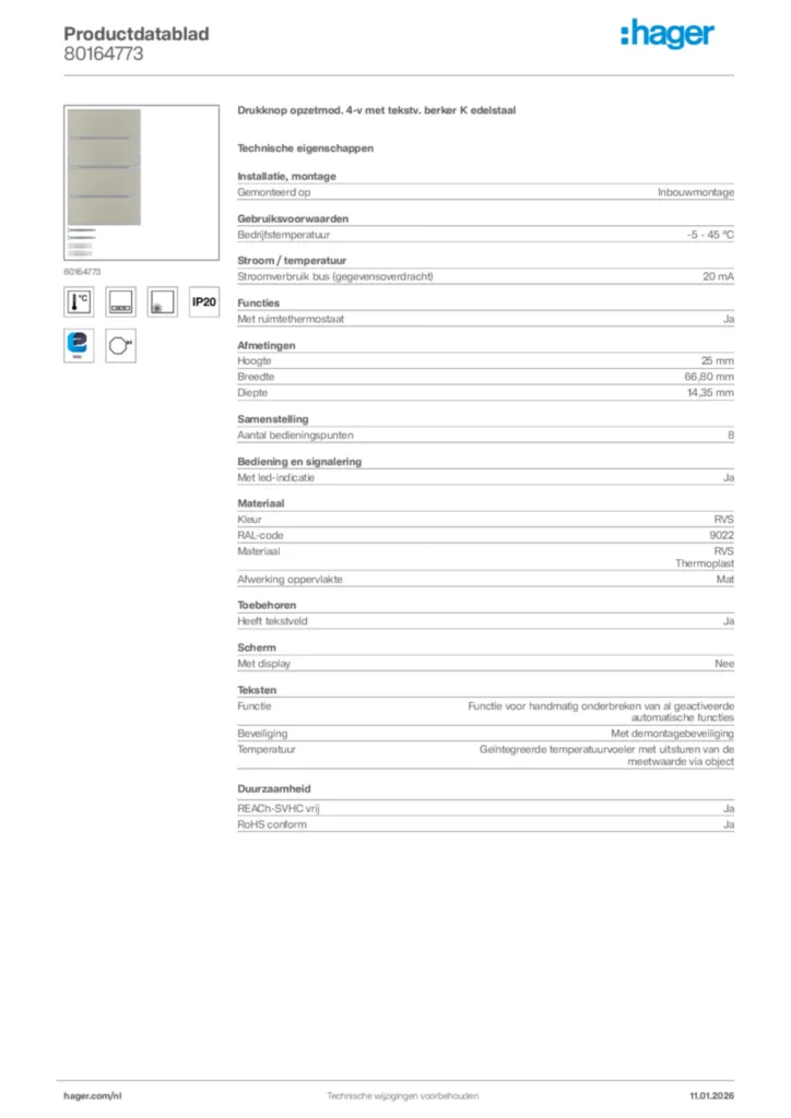 Afbeelding Hager Productdatablad 80164773 | Hager Nederland