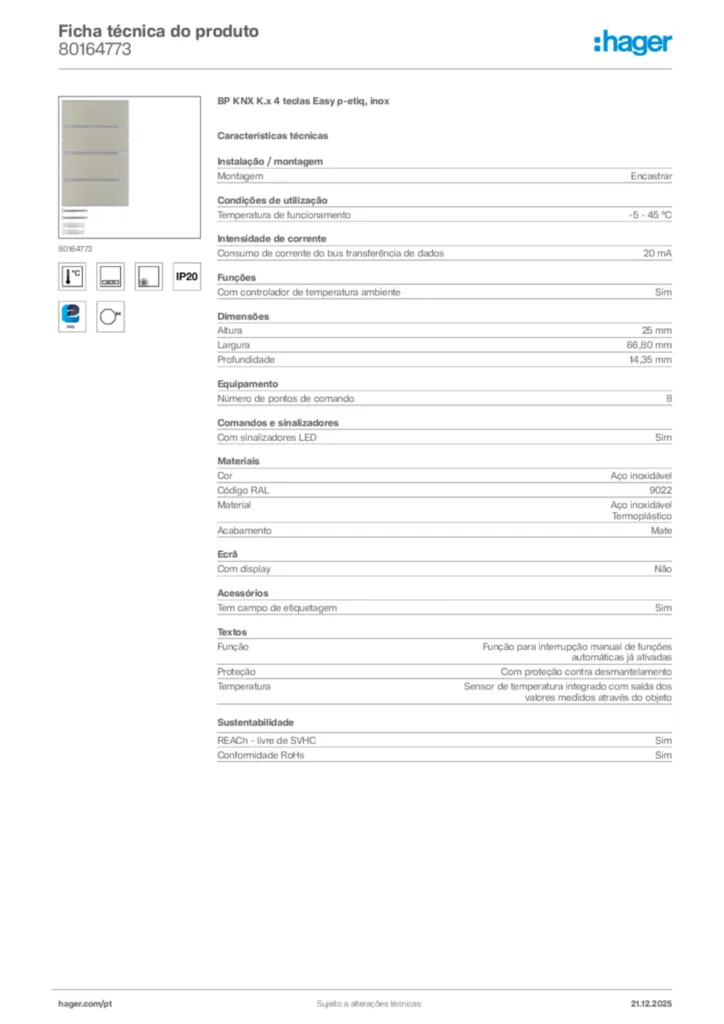 Imagem Hager Ficha técnica do produto 80164773 | Hager Portugal