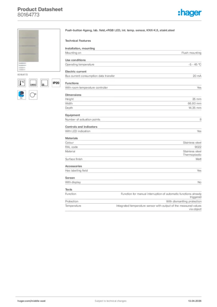 Image Hager Product data sheet 80164773  | Hager