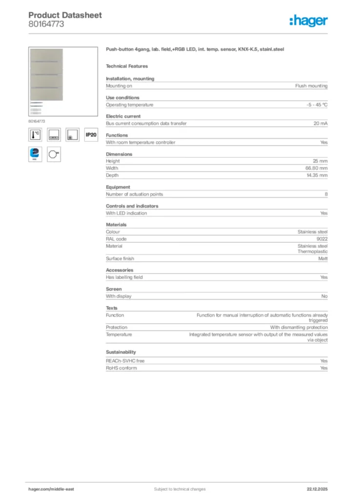 Image Hager Product data sheet 80164773  | Hager